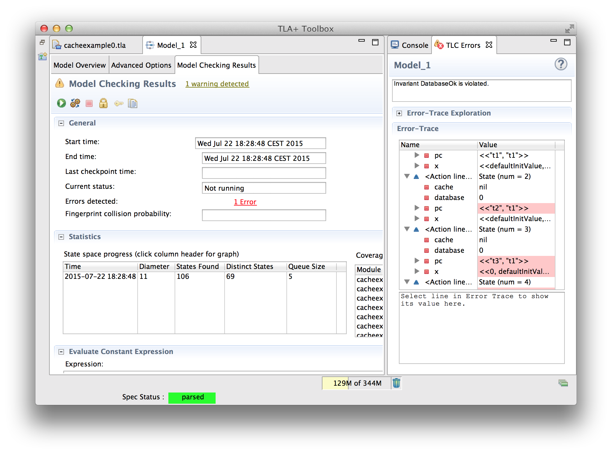 Example of an error trace found by TLC