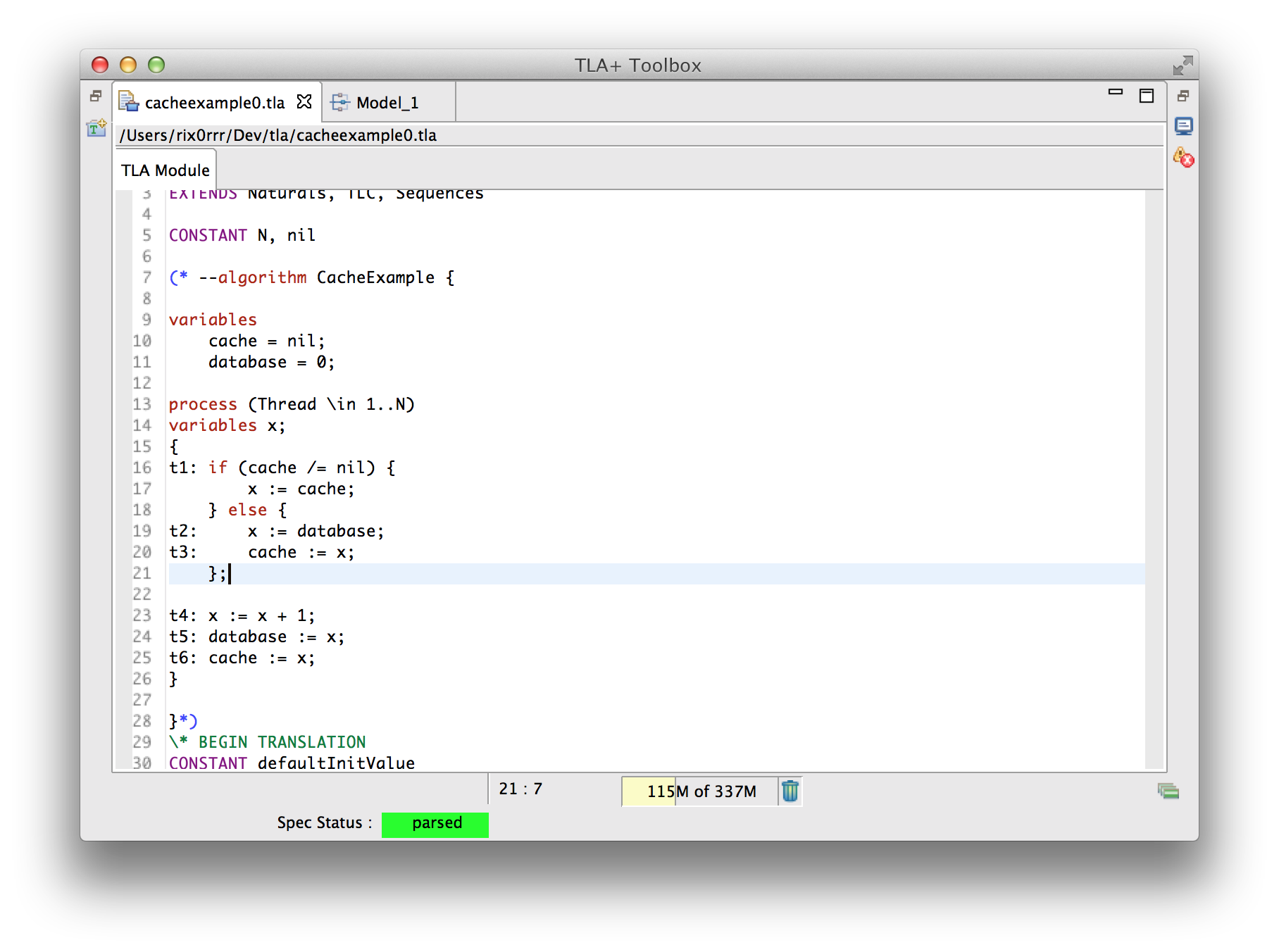Screen shot of the TLA+ Toolbox